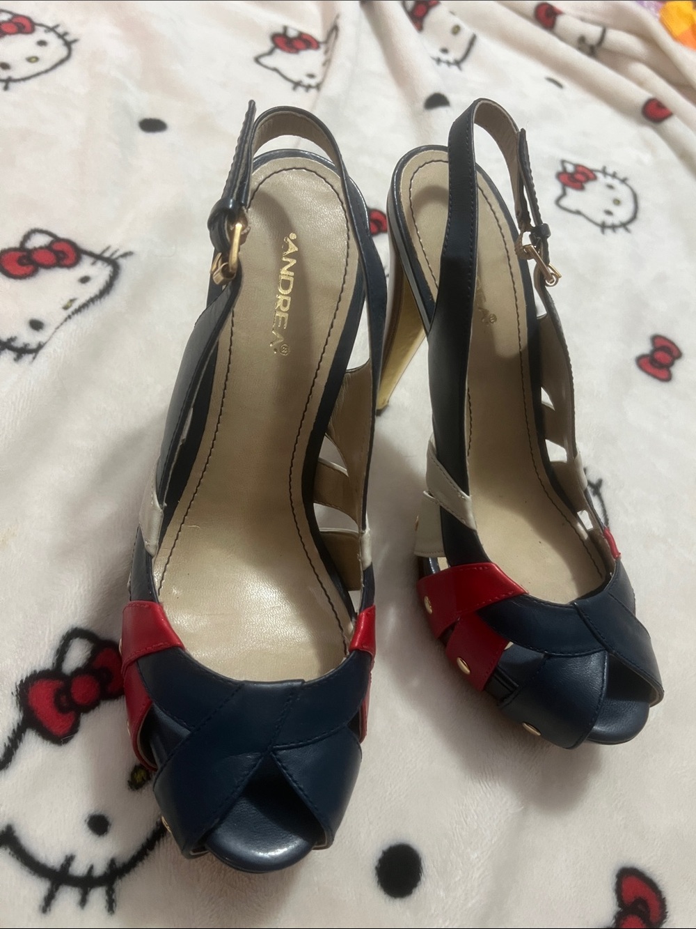 Andre Assous Navy and Red Slingback Peep-Toe Heels